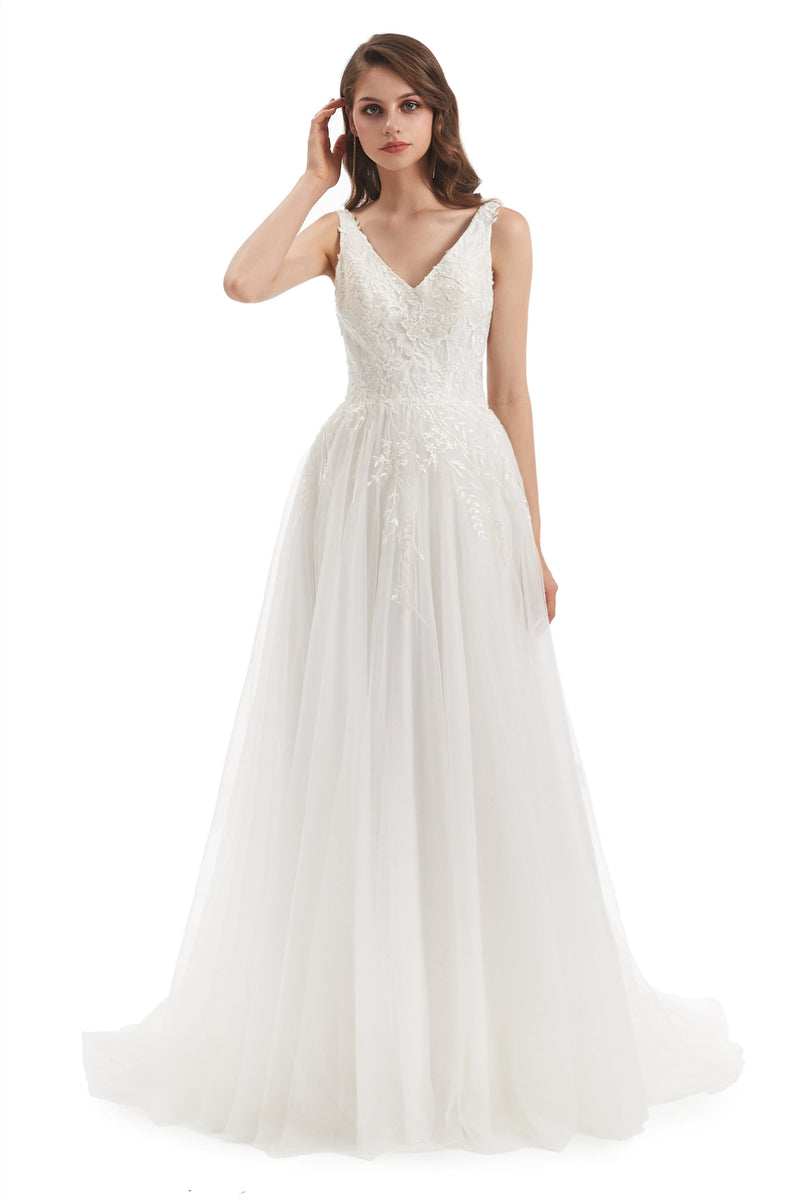 A-line V-neck Floor-length Sleeveless Backless Appliques Lace Wedding Dress-stylesnuggle