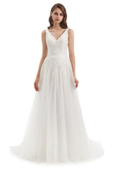 A-line V-neck Floor-length Sleeveless Backless Appliques Lace Wedding Dress-stylesnuggle