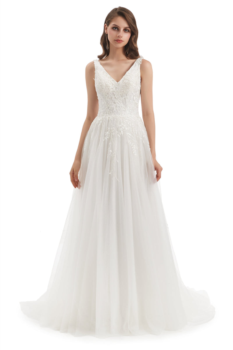 A-line V-neck Floor-length Sleeveless Backless Appliques Lace Wedding Dress-stylesnuggle