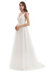 A-line V-neck Floor-length Sleeveless Backless Appliques Lace Wedding Dress-stylesnuggle