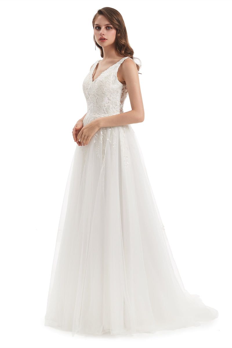 A-line V-neck Floor-length Sleeveless Backless Appliques Lace Wedding Dress-stylesnuggle