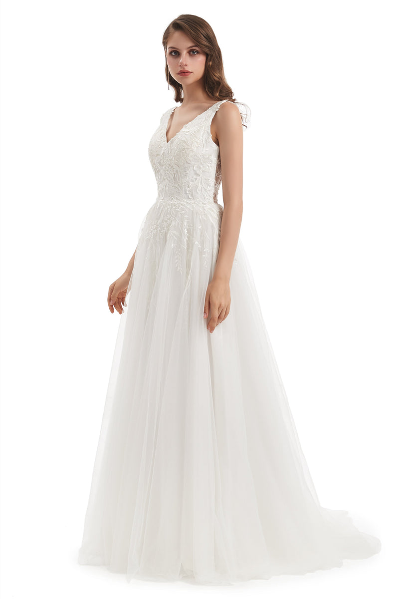 A-line V-neck Floor-length Sleeveless Backless Appliques Lace Wedding Dress-stylesnuggle