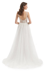 A-line V-neck Floor-length Sleeveless Backless Appliques Lace Wedding Dress-stylesnuggle