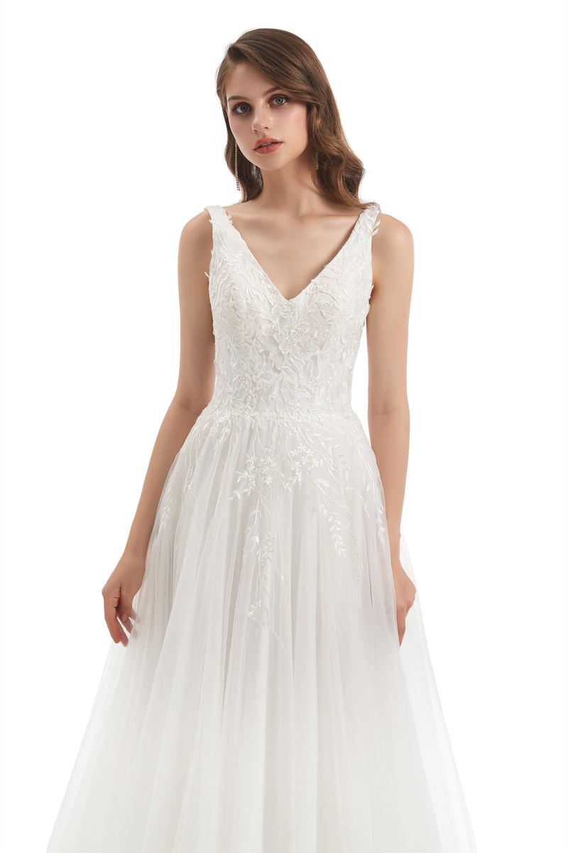 A-line V-neck Floor-length Sleeveless Backless Appliques Lace Wedding Dress-stylesnuggle