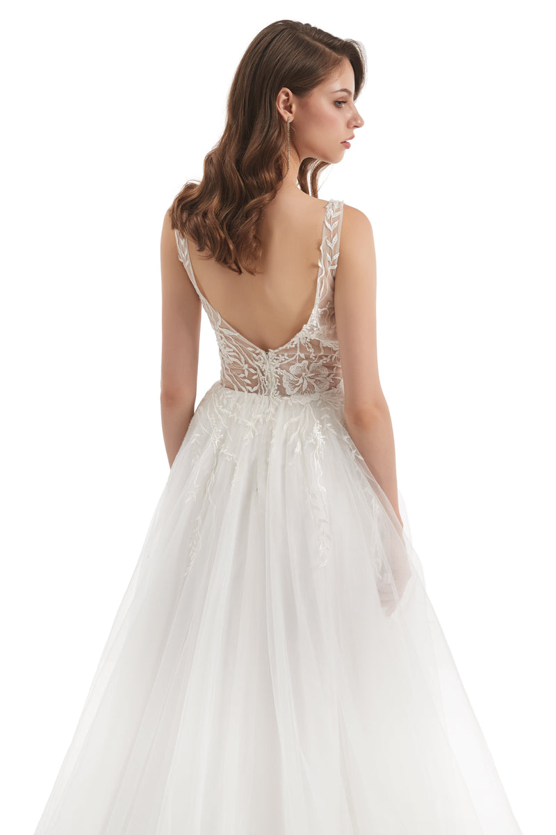 A-line V-neck Floor-length Sleeveless Backless Appliques Lace Wedding Dress-stylesnuggle