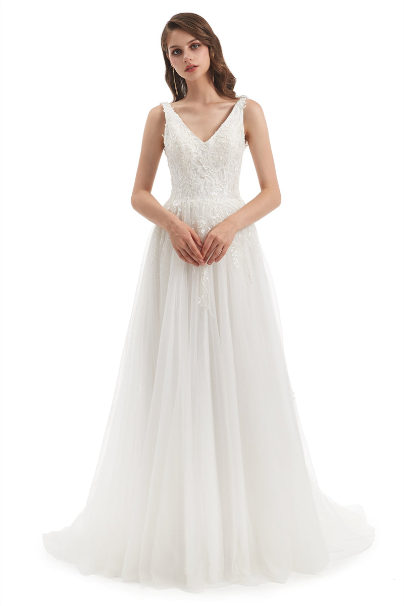 A-line V-neck Floor-length Sleeveless Backless Appliques Lace Wedding Dress-stylesnuggle