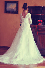 A-line V-neck Floor Length Tulle Applique Lace Wedding Dress-stylesnuggle