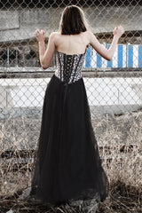 A-line V-neck Floor Length Tulle Rhinestone Corset Prom Dress-stylesnuggle