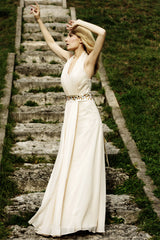 A-line V-neck Halt Floor Length Chiffon Rhinestone Evening Dress-stylesnuggle