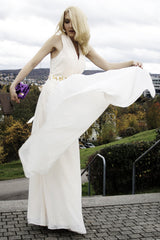 A-line V-neck Halt Floor Length Chiffon Rhinestone Evening Dress-stylesnuggle