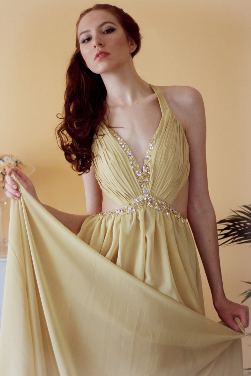 A-line V-neck Halter Floor Length Chiffon Rhinestone Backless Prom Dress-stylesnuggle