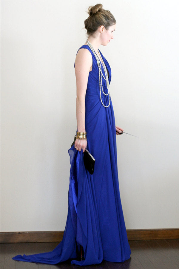 A-line V-neck Halter Floor Length Crossed Back Chiffon Evening Dress-stylesnuggle