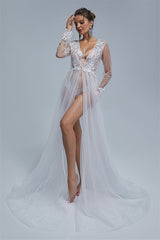 A-line V-neck High Split Tulle Floor-length Long Sleeve Appliques Lace Wedding Dress Cover-stylesnuggle