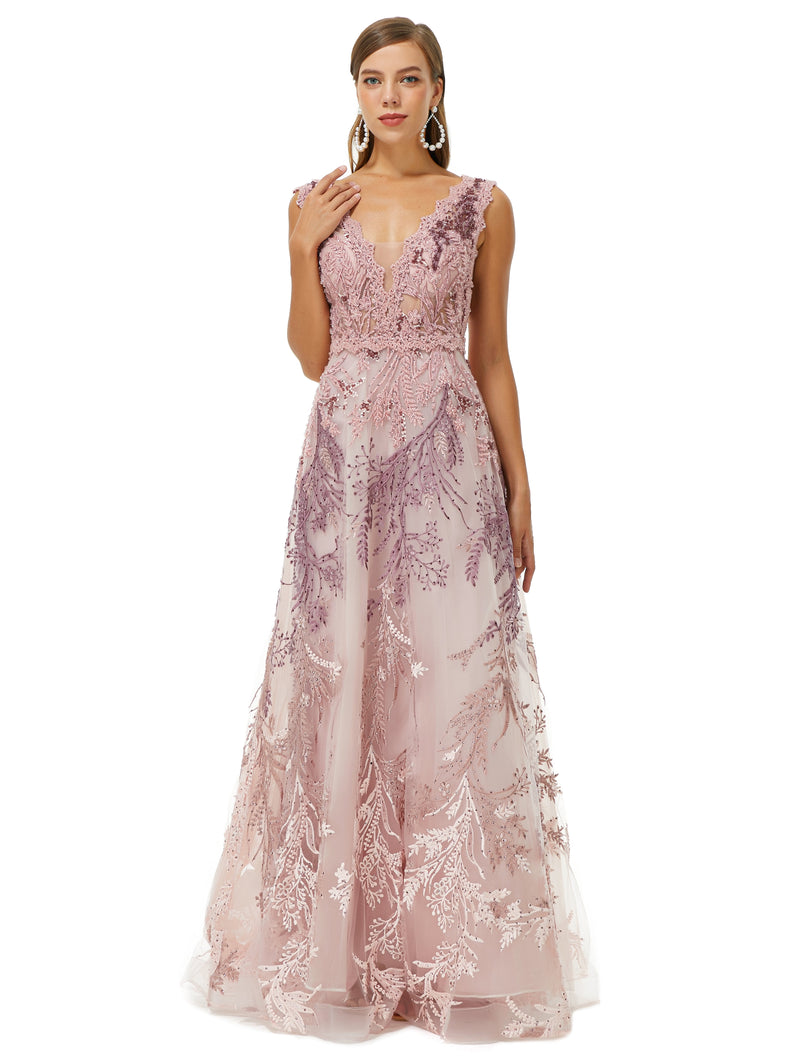 A-line V-neck Lace Beaded Applique Floor-length Sleeveless Prom Dress-stylesnuggle