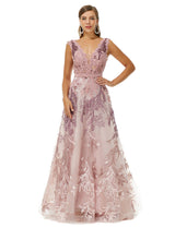 A-line V-neck Lace Beaded Applique Floor-length Sleeveless Prom Dress-stylesnuggle