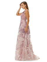 A-line V-neck Lace Beaded Applique Floor-length Sleeveless Prom Dress-stylesnuggle