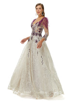 A-line V-neck Lace Floor-length Long Sleeve Open Back Beading Prom Dress-stylesnuggle