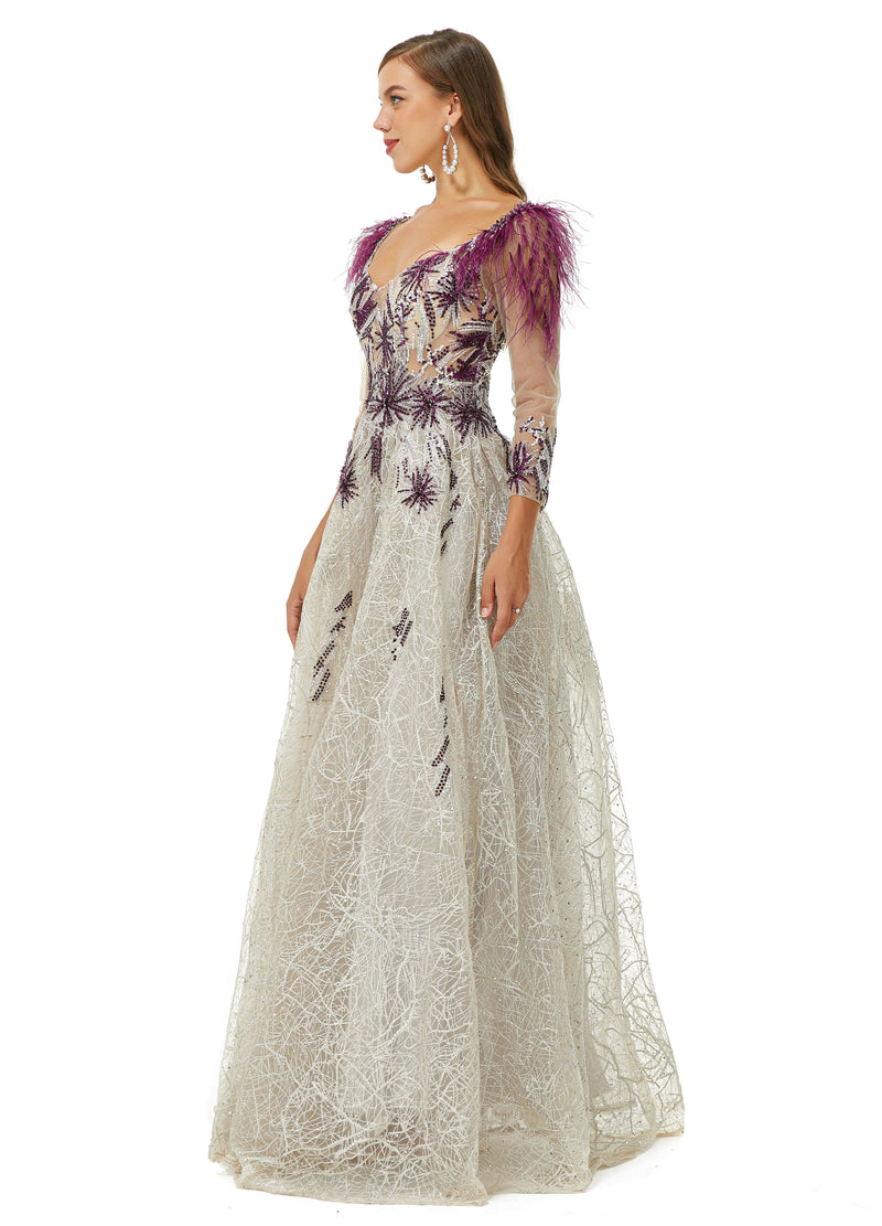 A-line V-neck Lace Floor-length Long Sleeve Open Back Beading Prom Dress-stylesnuggle