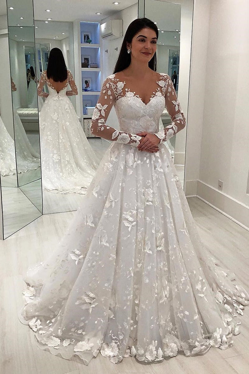 A-line V-neck Long Sleeve Floor Length Chapel Tulle Crochet Flower Wedding Dress-stylesnuggle