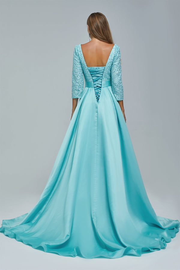 A-line V-neck Long sleeves Floor-length Backless High Split Satin Lace Crystal Detailing Beautiful Prom Dress-stylesnuggle