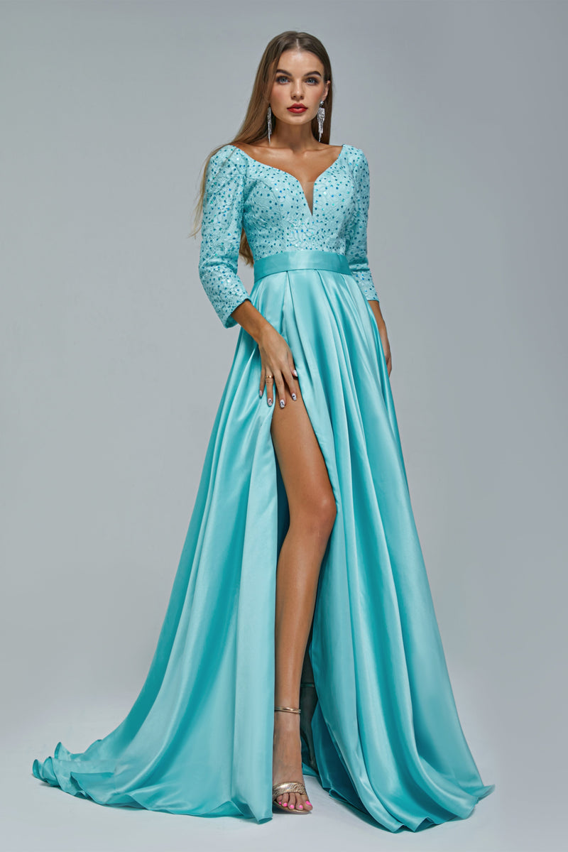 A-line V-neck Long sleeves Floor-length Backless High Split Satin Lace Crystal Detailing Beautiful Prom Dress-stylesnuggle