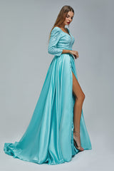 A-line V-neck Long sleeves Floor-length Backless High Split Satin Lace Crystal Detailing Beautiful Prom Dress-stylesnuggle