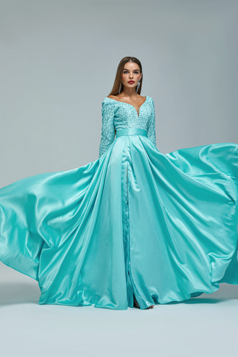 A-line V-neck Long sleeves Floor-length Backless High Split Satin Lace Crystal Detailing Beautiful Prom Dress-stylesnuggle