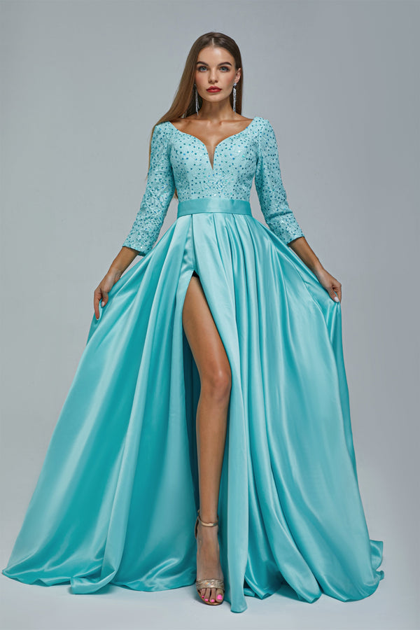 A-line V-neck Long sleeves Floor-length Backless High Split Satin Lace Crystal Detailing Beautiful Prom Dress-stylesnuggle