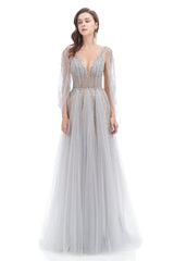 A-line V-neck Sequined Floor-length Open Back Long Sleeve Appliques Lace Prom Dress-stylesnuggle