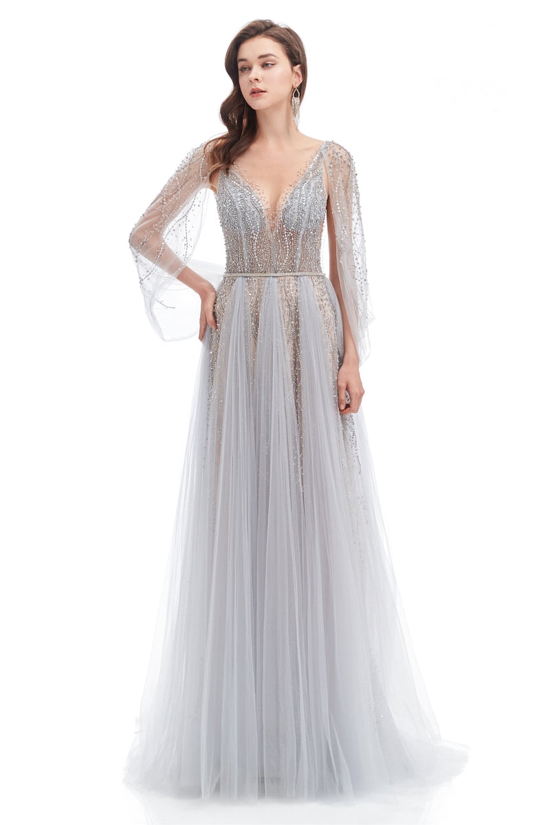 A-line V-neck Sequined Floor-length Open Back Long Sleeve Appliques Lace Prom Dress-stylesnuggle