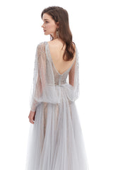 A-line V-neck Sequined Floor-length Open Back Long Sleeve Appliques Lace Prom Dress-stylesnuggle