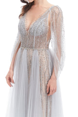 A-line V-neck Sequined Floor-length Open Back Long Sleeve Appliques Lace Prom Dress-stylesnuggle