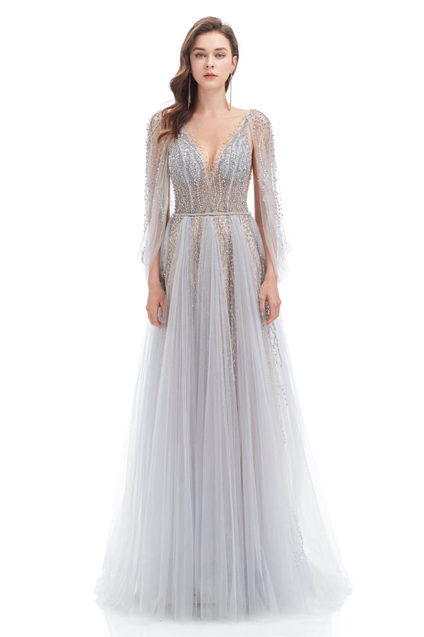 A-line V-neck Sequined Floor-length Open Back Long Sleeve Appliques Lace Prom Dress-stylesnuggle