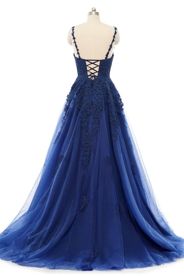 A-line V-neck Spaghetti strap Floor-length Sleeveless Backless Appliques Lace Elegant Prom Dress-stylesnuggle