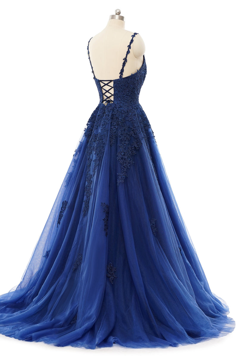 A-line V-neck Spaghetti strap Floor-length Sleeveless Backless Appliques Lace Elegant Prom Dress-stylesnuggle