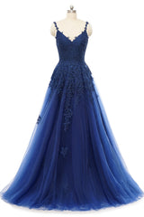 A-line V-neck Spaghetti strap Floor-length Sleeveless Backless Appliques Lace Elegant Prom Dress-stylesnuggle