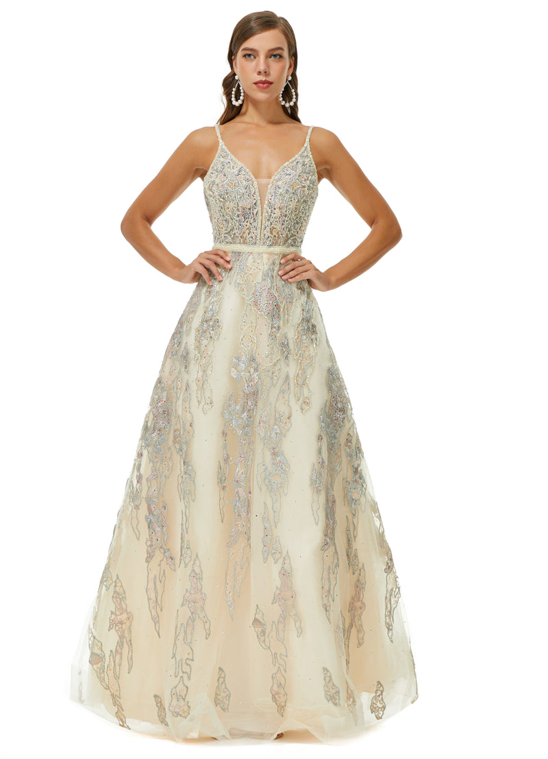 A-line V-neck Spaghetti strap Lace Floor-length Sleeveless Beading Prom Dress-stylesnuggle