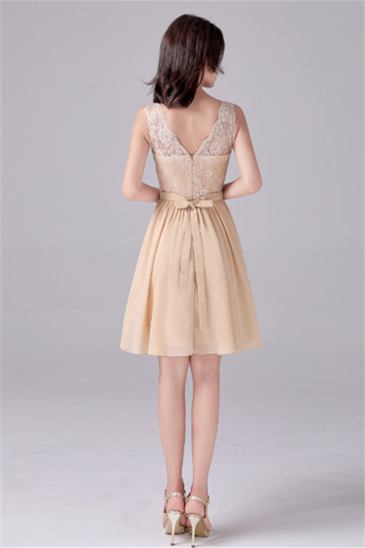 A-Line V-neck strap Lace Backless sleeveless Knee Length mother's dress-stylesnuggle