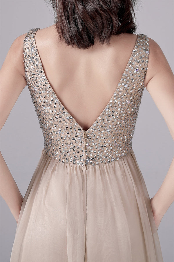 A-Line V-neck strap Sequined Floor Length Sleeveless Backless mother's dress-stylesnuggle