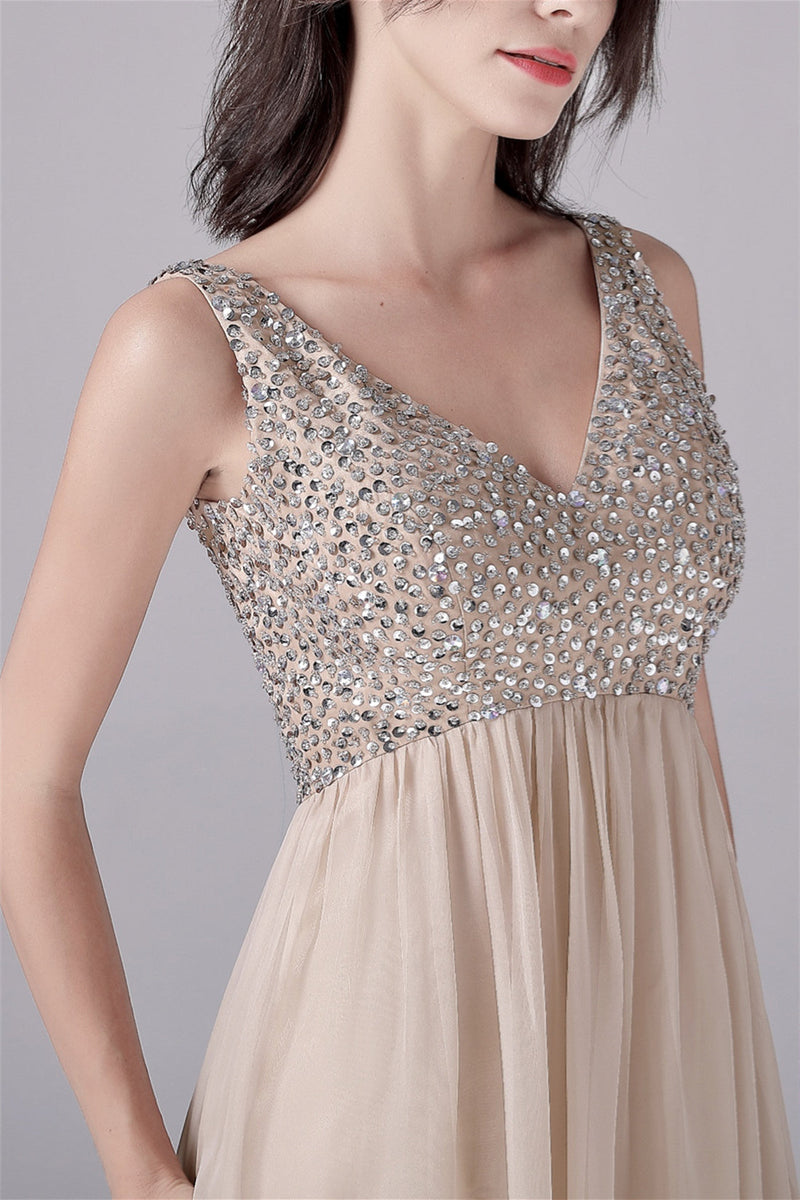 A-Line V-neck strap Sequined Floor Length Sleeveless Backless mother's dress-stylesnuggle