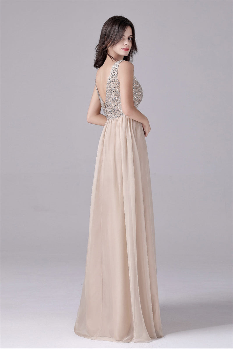 A-Line V-neck strap Sequined Floor Length Sleeveless Backless mother's dress-stylesnuggle