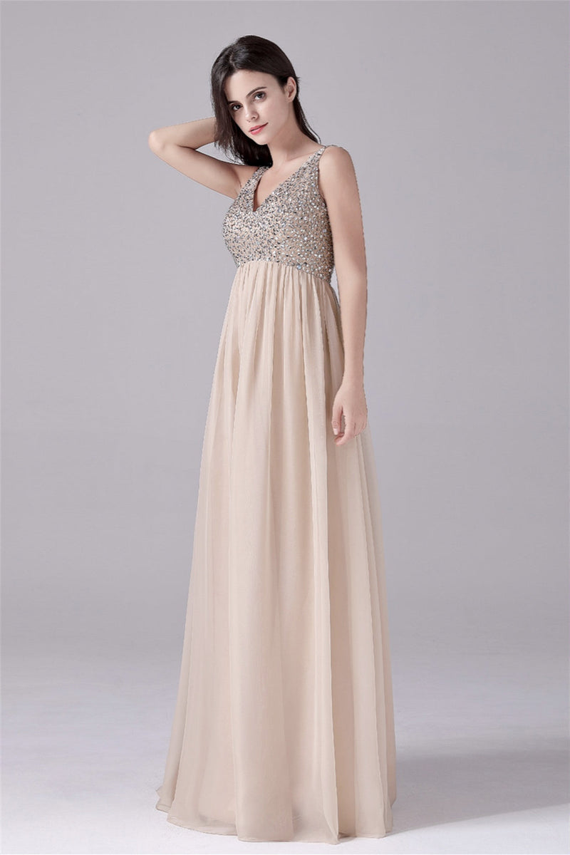 A-Line V-neck strap Sequined Floor Length Sleeveless Backless mother's dress-stylesnuggle