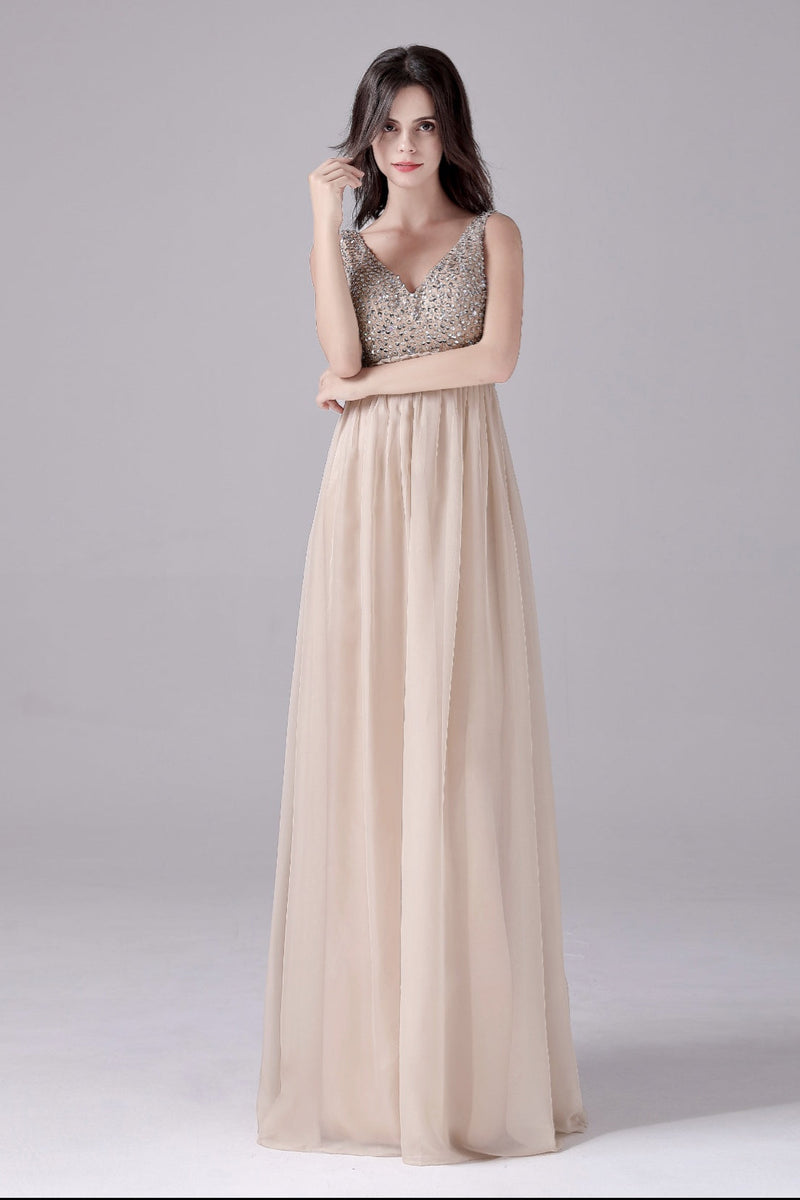 A-Line V-neck strap Sequined Floor Length Sleeveless Backless mother's dress-stylesnuggle