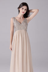 A-Line V-neck strap Sequined Floor Length Sleeveless Backless mother's dress-stylesnuggle