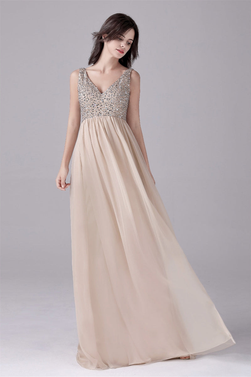 A-Line V-neck strap Sequined Floor Length Sleeveless Backless mother's dress-stylesnuggle