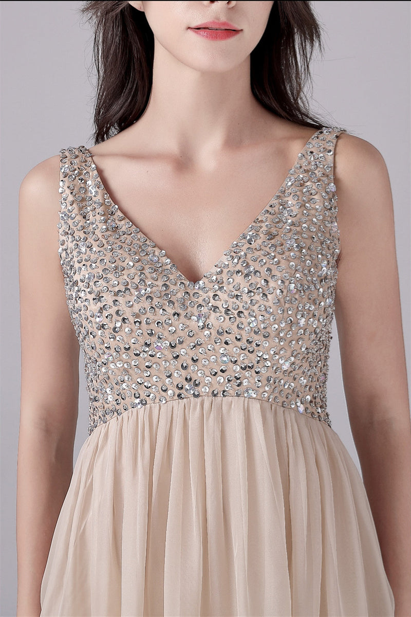 A-Line V-neck strap Sequined Floor Length Sleeveless Backless mother's dress-stylesnuggle