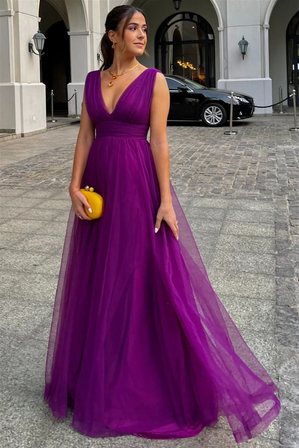 A-line V-neck Strap Sleeveless Floor-length Prom Dress-stylesnuggle