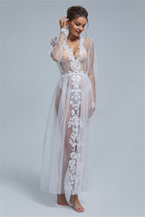 A-line V-neck Tulle Floor-length Long Sleeve Appliques Lace Wedding Dress Cover-stylesnuggle