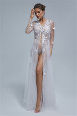 A-line V-neck Tulle Floor-length Long Sleeve Appliques Lace Wedding Dress Cover-stylesnuggle