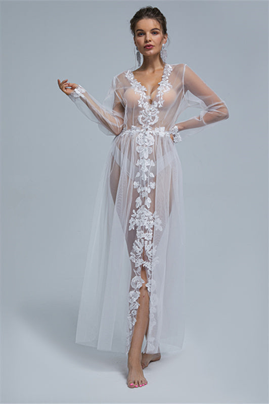 A-line V-neck Tulle Floor-length Long Sleeve Appliques Lace Wedding Dress Cover-stylesnuggle